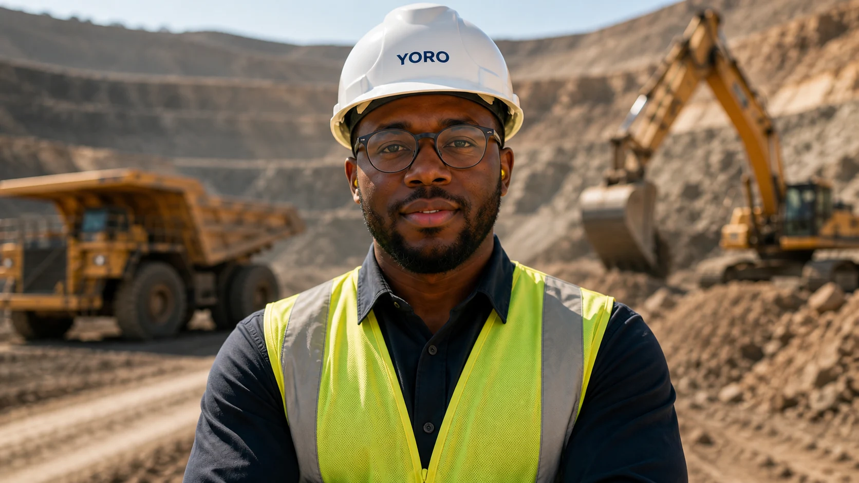 A professional in the field with mining equipment in the background